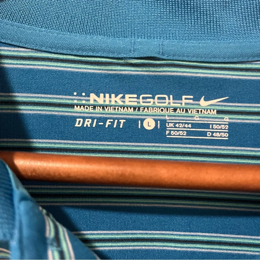 Nike Golf Dri-Fit Golf/Polo Shirt Teal Blue Striped Size L Comfortable Easy Care - Picture 2 of 6